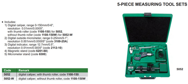 5-Piece Measuring Tool Set | Insize 5052 Series | Digital Caliper, Digital Micrometer, Digital Indicator, Magnetic stand, Micrometer Stand