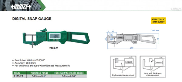 Digital Snap Gauge for tube wall thickness measurement | Insize 2163 Series | 0-25mm/0-1”