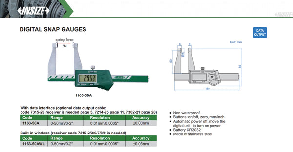 Digital Snap Gauge | Insize 1163 Series | 0-50mm/0-2”