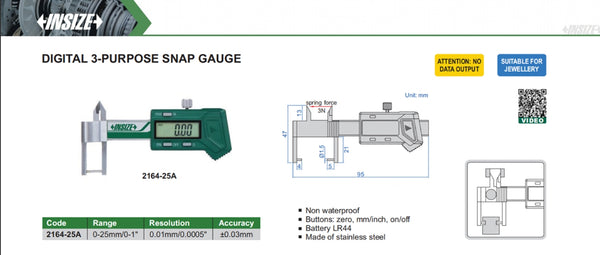 Digital 3-Purpose Snap Gauge | Insize 2164 Series | Range 0-25mm/0-1”