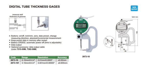 Digital Tube Thickness Gauge for Grooves | Insize 2873 Series | Range 0-10mm/0-0.4" | Resolution 0.01mm/0.0005" or 0.001mm/0.00005"