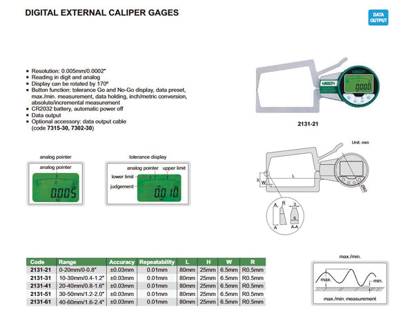 Digital External Caliper Gauge | 2131 Series | 0-20mm/0-0.8" | 10-30mm/0.4"-1.2" | 20-40mm/0.8"-1.6" | 30-50mm/1.2"-2.0" | 40-60mm/1.6"-2.4"