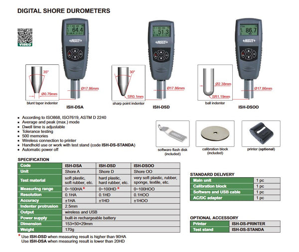 Digital Shore Durometer | Insize ISH Series | Shore A; Shore D or Shore OO | Optional Printer & Stand