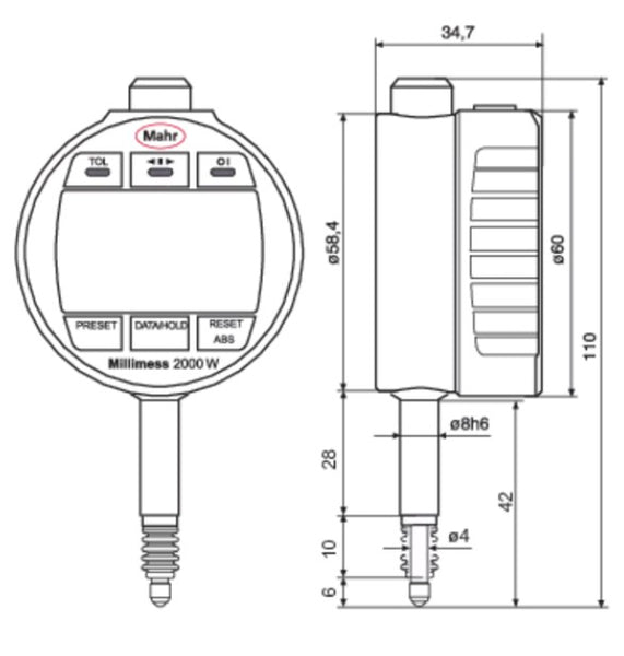 Mahr Millimess 2000 Wi Inductive Dial Comparator IP64 | Measuring Span +/- 1mm | Resolution 0.0001, 0.0002, 0.0005, 0.001, 0.002, 0.005, 0.01mm
