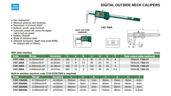 Insize 1187 Series Digital Outside Neck Caliper for measuring grooves and recesses | 0-150mm/0-6"