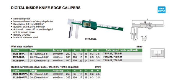 Insize 1123 Series Digital Inside Knife-Edge Caliper for measuring diameter of deep step holes | 15-150mm/0.6-6"