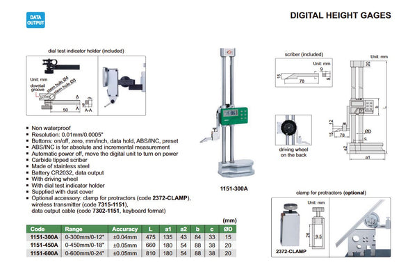Insize Digital Double Column Height Gauge | 1151 Series | Range: 0-300mm/0-12" | 0-450mm/0-18" | 0-600/0-24"