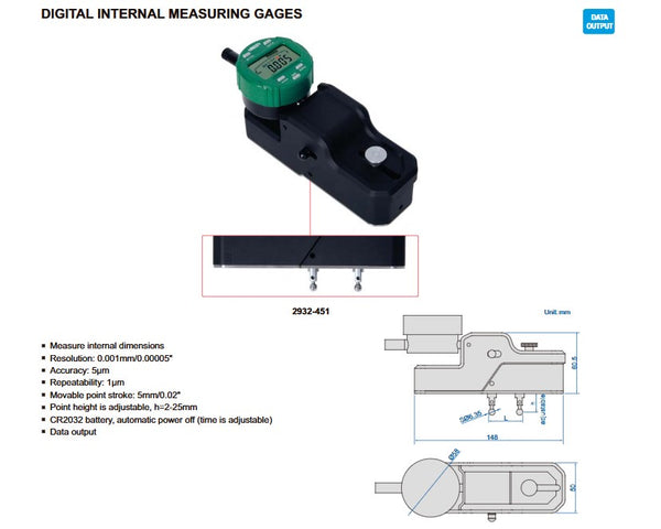 Digital Internal Measuring Gauge | Insize 2932 Series | Range 20-45mm/0.8-1.8" | Resolution 0.001mm/0.0005"