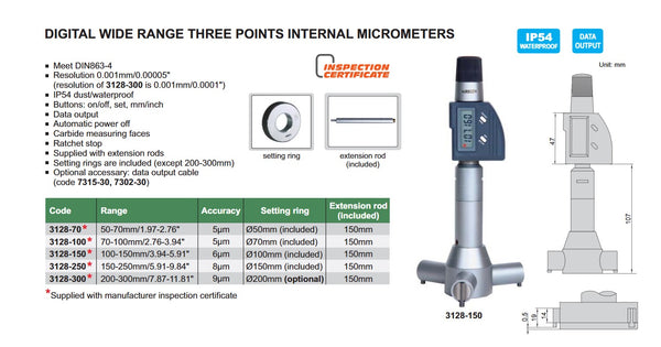 IP54 Digitale Dreipunkt-Innenbohrungsmikrometer | Bereich von 6 mm bis 300 mm/0,24 Zoll bis 11,81 Zoll | Auflösung 0,001 mm/0,00005