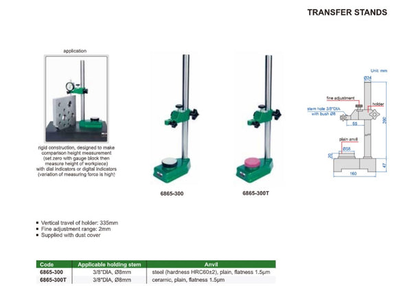 Transfer Stands with Fine Adjustment (2mm Range) | Insize 6865 Series | Steel or Ceramic Anvil | Vertical Travel 335mm