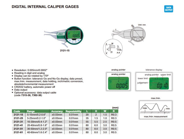 Digital Internal Caliper Gauges | Insize 2121 Series | Range 5-15mm/0.2-0.6" | 5-25mm/0.2-1.0" | 10-30mm/0.4-1.2" | 20-40mm/0.8-.6" | 30-50mm/1.2-2.0" | 40-60mm/1.6-2.4" | Resolution 0.005mm/0.0002"