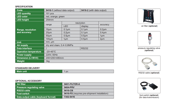 Air Gauging Column Display (Metric Only) | Insize 9416-1 | 9416-2