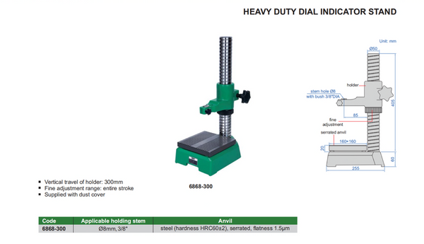 Heavy Duty Dial Indicator Stand | Insize 6868-300 | 300mm Travel | Fine Adjustment | Steel Serrated Anvil