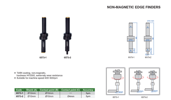 Non-Megnetic Edge Finders | Inszie 6573 | 10mm Shank | 5um Accuracy | 10mm Contact Point