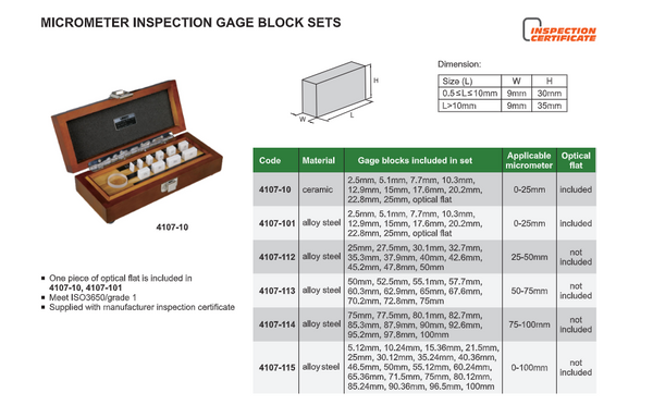 Steel Micrometer Inspection Gauge Block Set | Insize 4107 Series | 0-100mm | Grade 1 / ISO3650