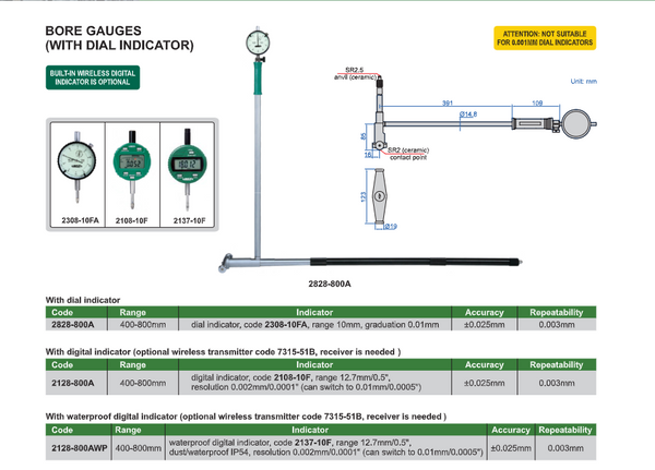 Dial/Digital Bore Gauge | Insize 2128-800A/2128-800A | Range 400-800mm | Accuracy +/-0.025mm