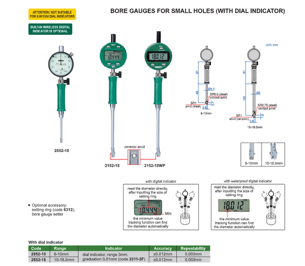 Precision Bore Gauge For Small Holes | Insize 2852/2152 Series | Range 6-10mm | 10-18.5mm