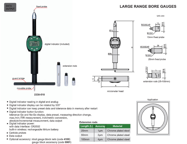 Large Range Digital Bore Gauge | Insize 2330 Series | Range 180-300mm | 280-510mm