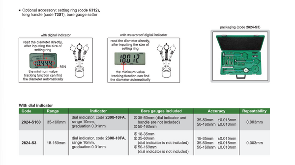 Dial Bore Gauge Sets | Insize 2824 Series | Range 18-160mm | 35-160mm