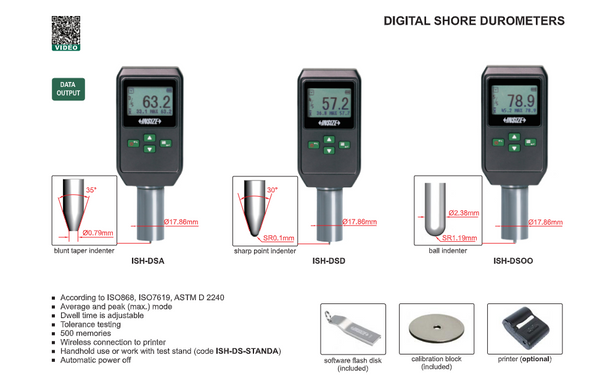 Digital Shore Durometer | Insize ISH Series | Shore A; Shore D or Shore OO | Optional Printer & Stand