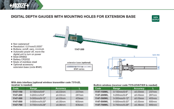 Digital Depth Gauge | Insize 1147 Series | Ranges up to 700mm/0-28" | Resolution 0.01mm/0.0005" (Copy)