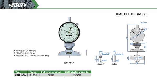 Dial Depth Gauge | Insize 2341-101A | Range 0-10mm | Graduation 0.01mm
