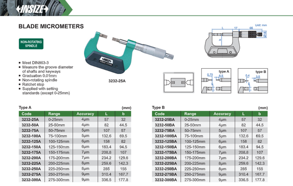 Blade Micrometers | Insize 3232 Series | Ranges up to 300mm | Graduation 0.01mm | Ratchet Stop
