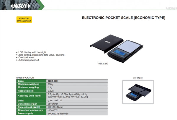 Electronic Pocket Scales | Insize 8602-200 | Max Weight 200g | Resolution 0.02g