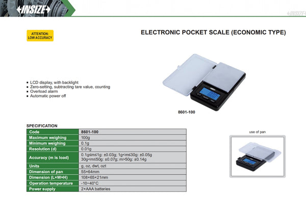 Electronic Pocket Scale (Economic Type) | Insize 8601-100