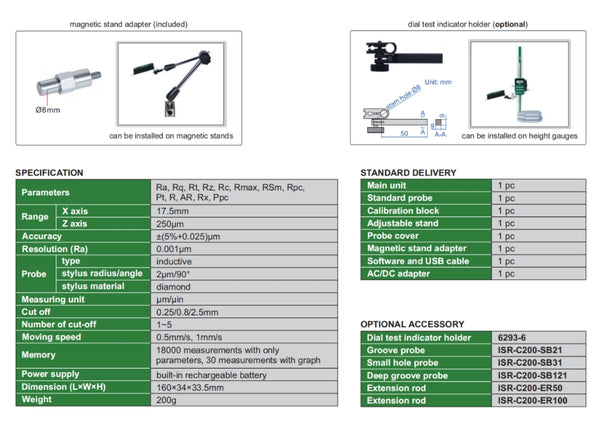 Surface Roughness Tester | Compact Type | Insize Plus ISR-C200 | 13 Roughness Parameters | Resolution 0.001micron