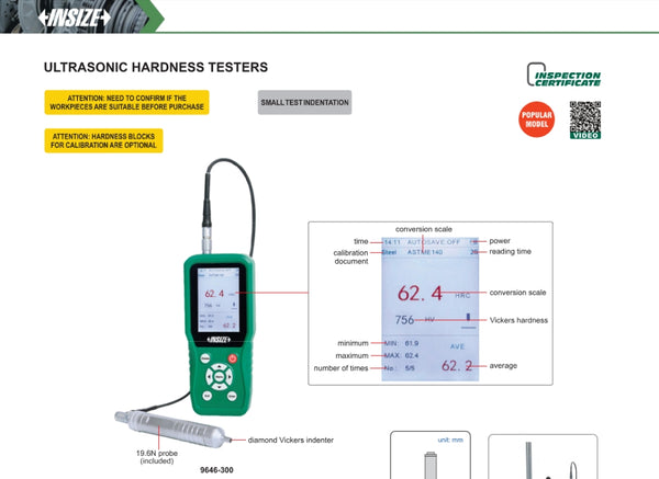 Ultrasonic Hardness Tester | Insize 9646 Series | HV, HRA, HRB, HRC, HBW, HS, MPa Test Parameters