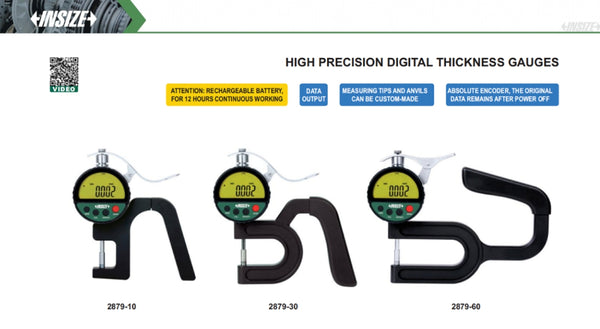 High Precision Digital Thickness Gauge | Insize 2879 Series | Range 0-10mm/0-0.4” | Resolution 0.001mm/0.0005” or 0.0005mm/0.00002”