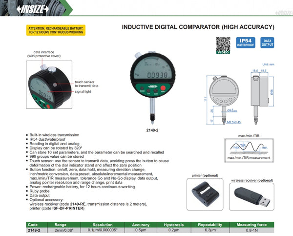 Inductive Digital Comparator (High Accuracy) | Insize 2149 | Range 2mm/0.8” | Resolution 0.0001mm/0.000005"  360 degree rotation