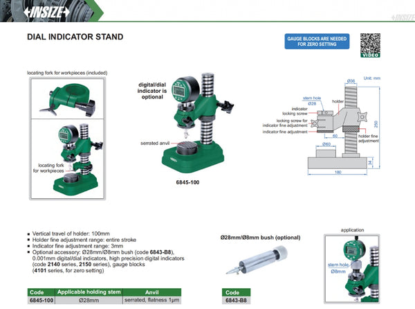 Dial Indicator Stand with fine adjustment | Insize 6845 | Serrated, flatness 0.001mm | 28mm diameter holding stem | 100mm vertical travel