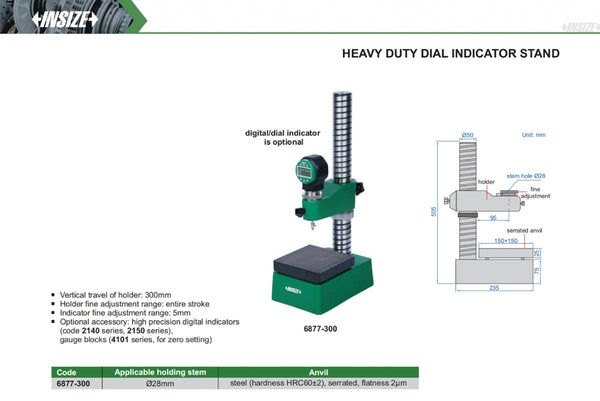 Heavy Duty Dial Indicator Stand with fine adjustment | Insize 6877 | 30mm vertical travel | Serrated, flatness 0.002mm