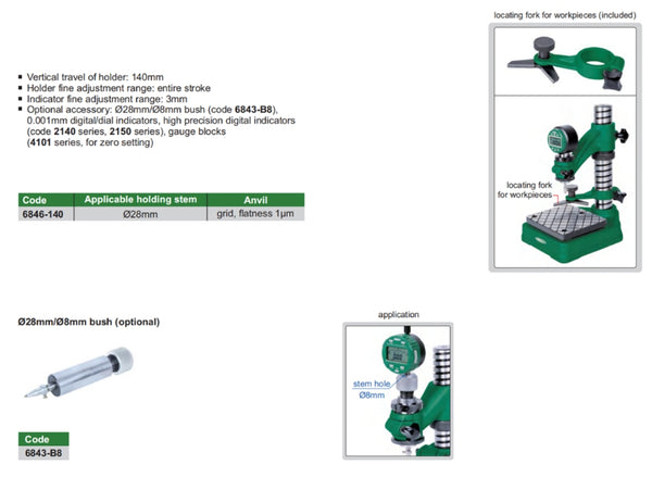 Dial Indicator Stand with fine adjustment | Insize 6846 | Vertical travel 140mm | Grid anvil, flatness 0.001mm