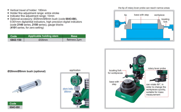 Dial Indicator Stand | Insize 6842 | Flatness 0.002mm | 28mm diameter holding stem