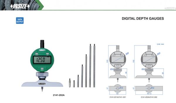 Digital Depth Gauges | Insize 2141 Series | Range 0-300mm/0-12" | Resolution 0.01mm/0.0005" ; 0.001mm/0.00005"