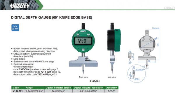 Digital Depth Gauge (60 degrees Knife Edge Base) | Insize 2143 | Range 0-12.7mm/0-0.5" | Resolution 0.01mm/ 0.0005"
