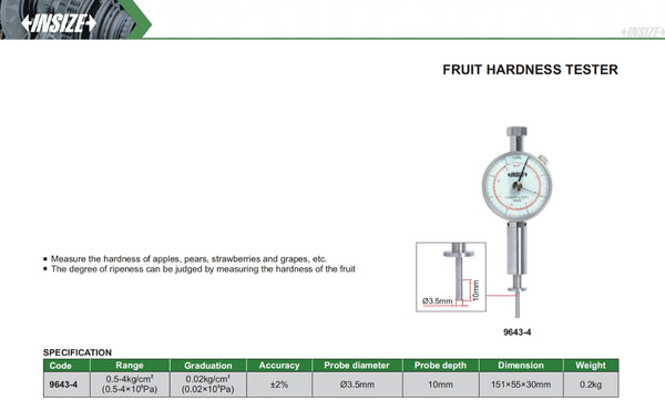 Fruit Hardness Tester | Insize 9643-4 | Range 0.5-4kg/cm²
