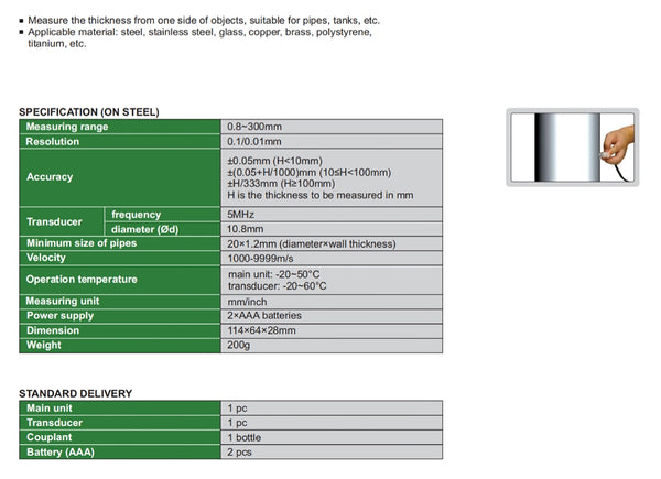 Ultrasonic Thickness Gauge (Basic Type) | Insize ISU-100D | Range 0.8-300mm | Resolution 0.1mm/0.01mm
