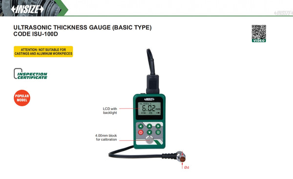 Ultrasonic Thickness Gauge (Basic Type) | Insize ISU-100D | Range 0.8-300mm | Resolution 0.1mm/0.01mm