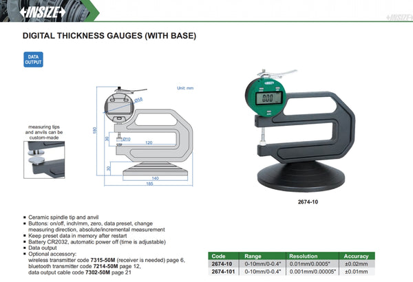 Thickness Gauges (with Base) | Insize 2674 Series | 0-10mm / 0-0.4"