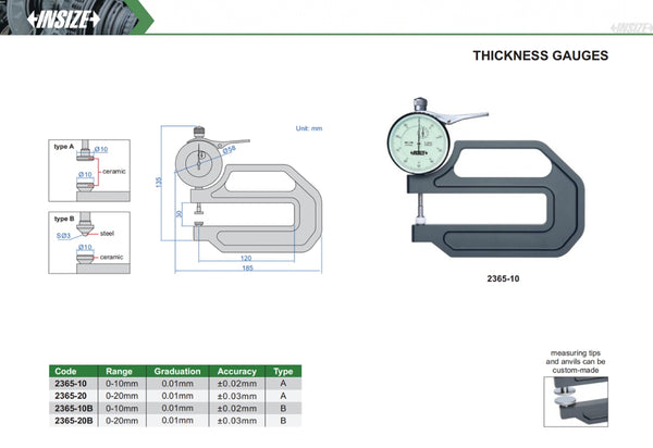 Thickness Gauges | Insize 2365 Series | 0-10mm / 0-20mm