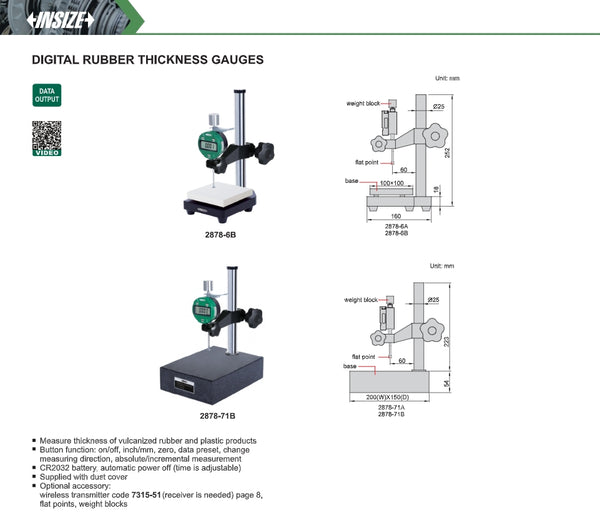 Digital Rubber Thickness Gauges | Insize 2878 Series | Range 10mm/0.4" | Ceramic/Granite Base | Resolution 0.01mm/0.0005" or 0.001mm.0.00005"