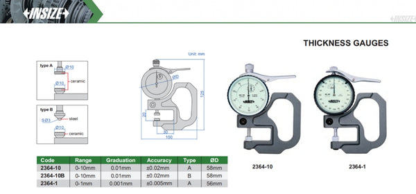 Thickness Gauges | Insize 2364 Series | 0-10mm/0-1mm