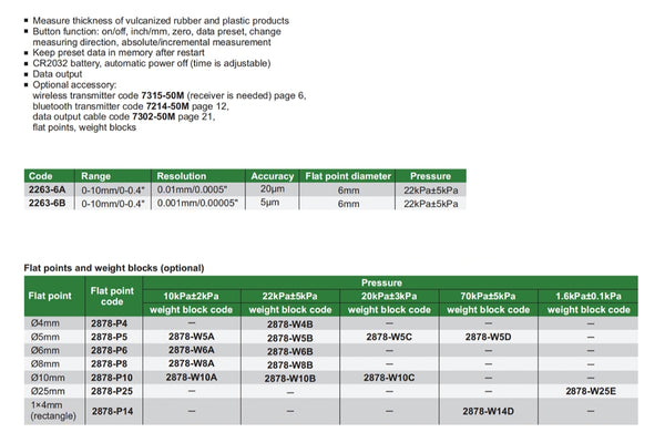 Thickness Gauges | Insize 2263 Series | Range 0-10mm/0-0.4" | Resolution 0.01mm/0.0005" or 0.001mm/0.00005" |