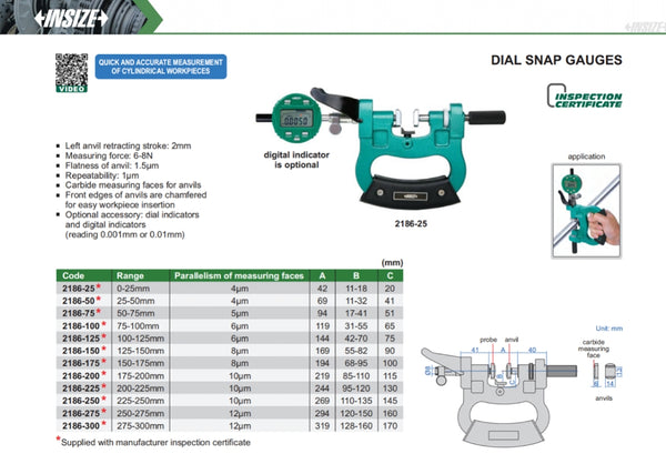 Dial Snap Gauges | Insize 2186 Series | Ranges up to 300mm