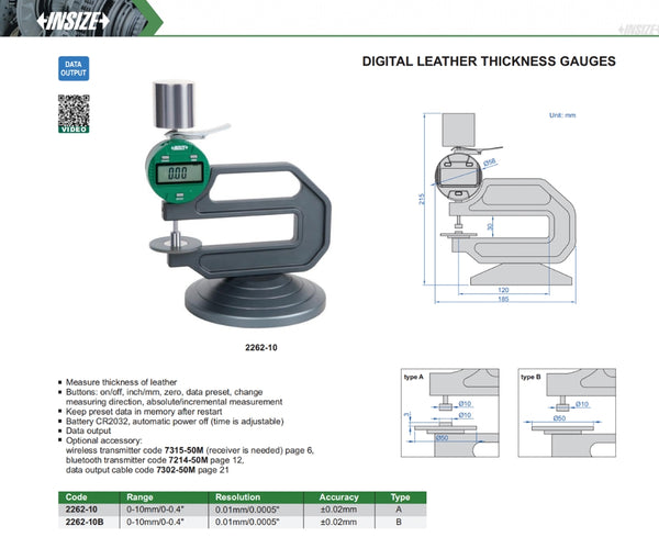 Digital Leather Thickness Gauge | Insize 2262 | Range 0-10mm/0-0.4" | Resolution 0.01mm/0.0005"