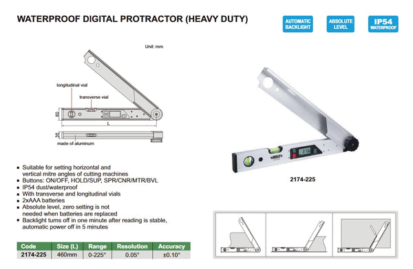 Waterproof Digital Protractor (Heavy Duty) | Insize 2174-225 | Range 0-225 Degree | Resolution 0.05 Degree